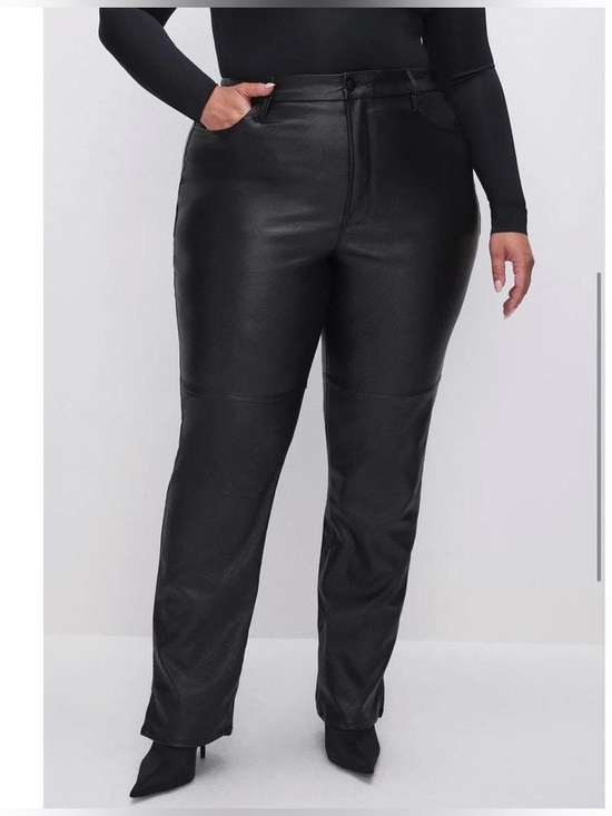 Good American Denim - Good American Black Slim Straight Faux Leather Jeans with Side Slits